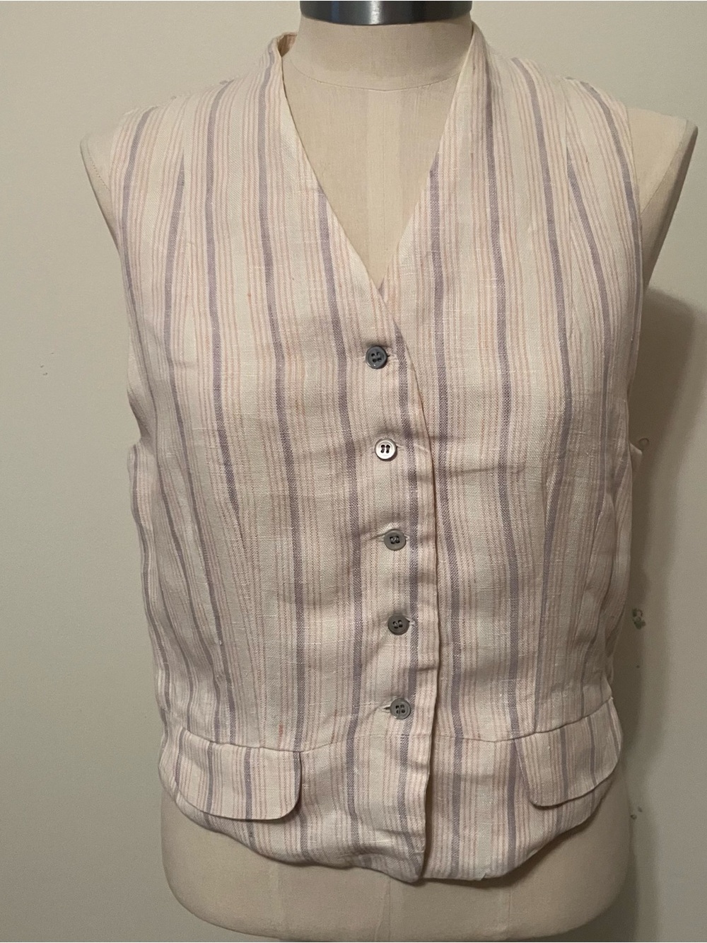 Women’s Linen Cream Button Vest Pink Purple Striped Lined 8P Pocket 90s Y2K